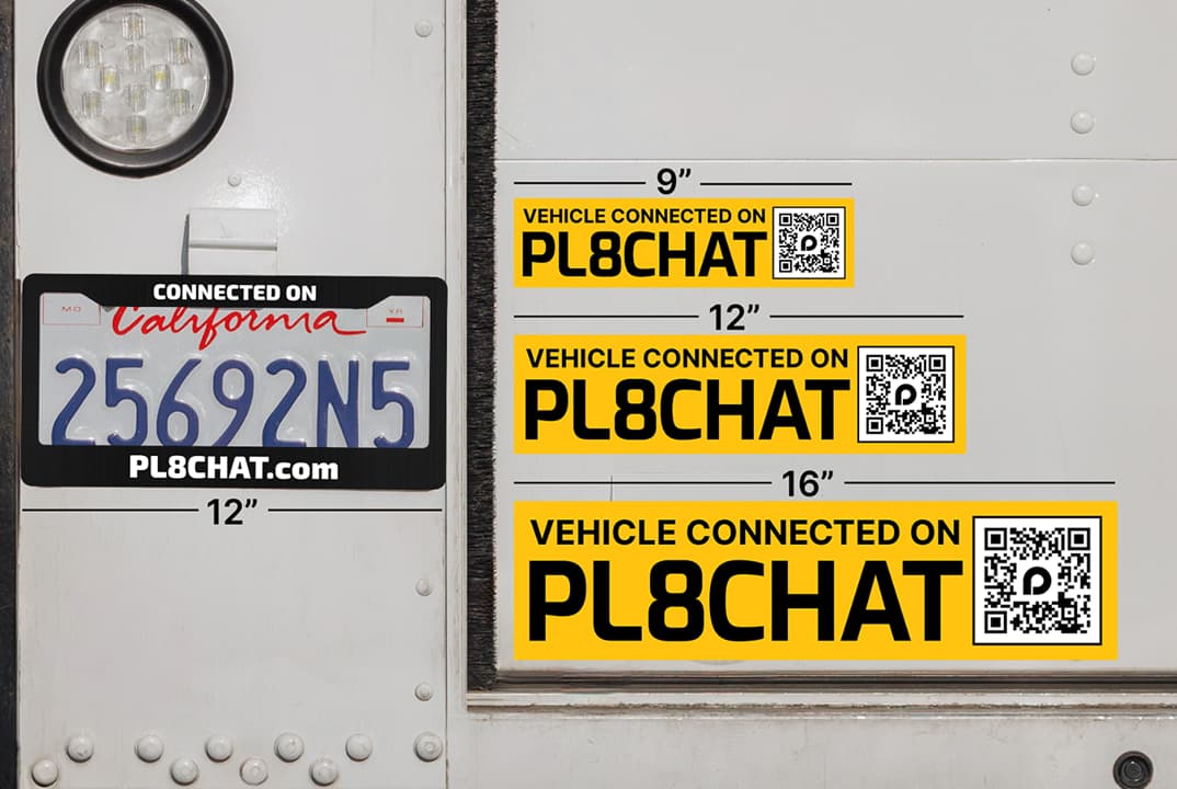 PL8CHAT vehicle decal on a car license plate frame