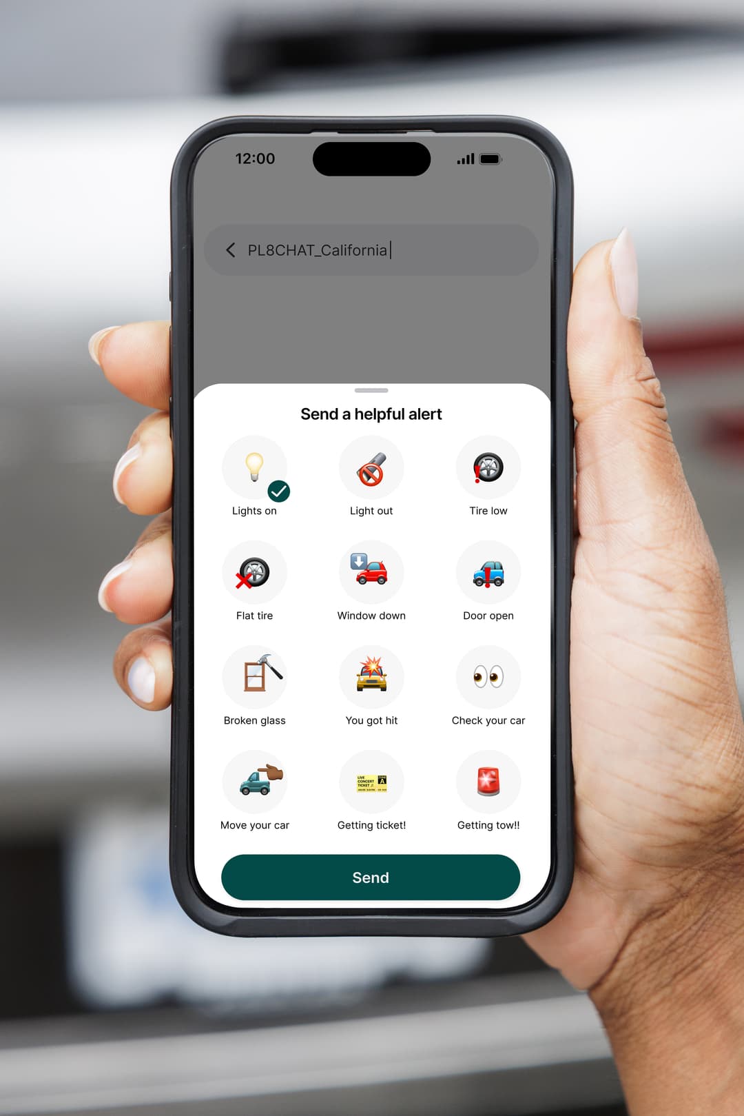 PL8CHAT app showing helpful driver alert options including flat tire, lights on, and roadside assistance