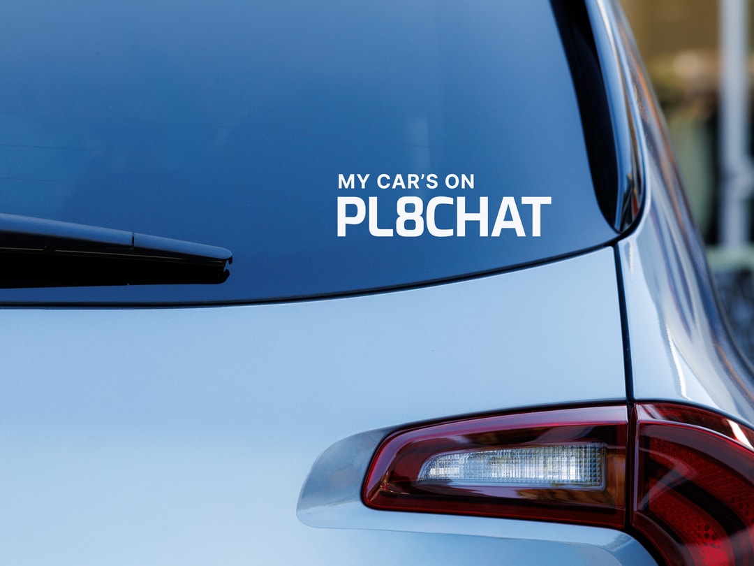 Car rear window with My Car's On PL8CHAT decal sticker