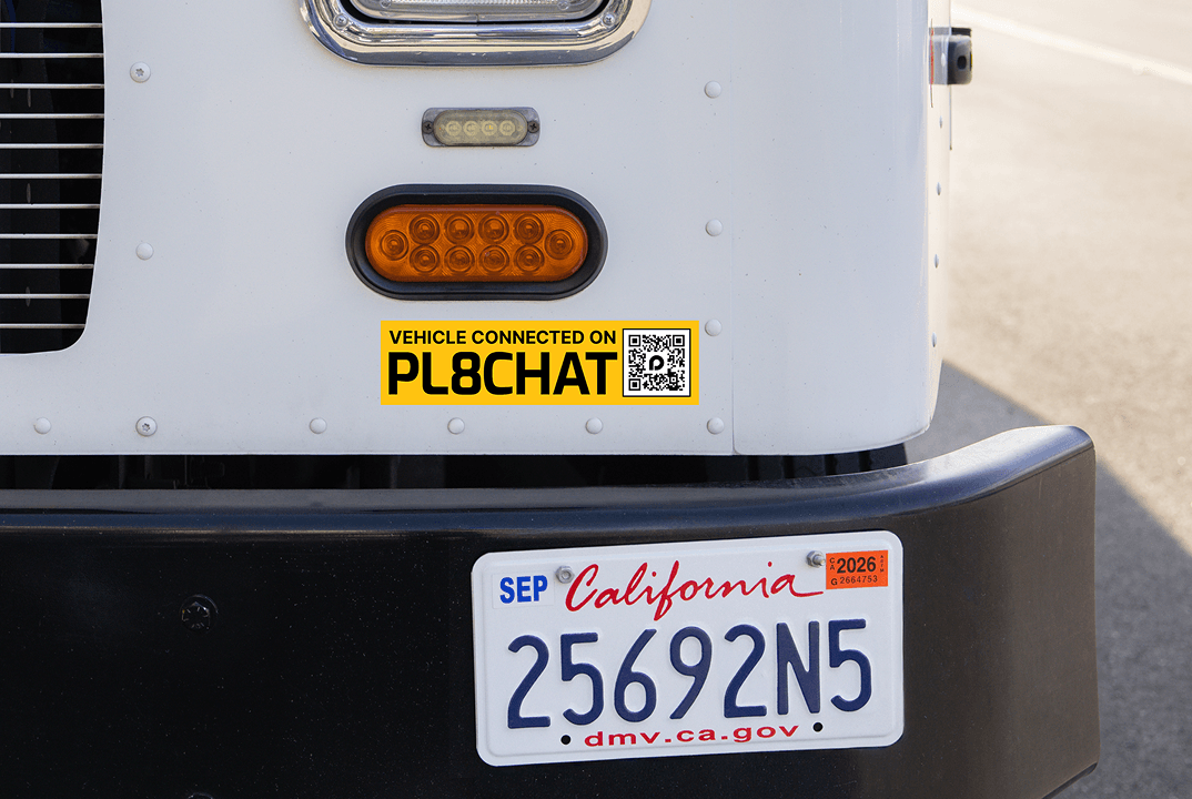 Fleet truck rear showing Vehicle Connected on PL8CHAT sticker with California license plate